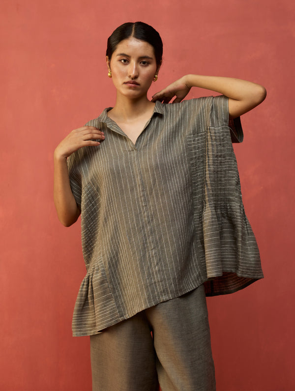 Bonnie Pleated Stripe Linen Top - Grey