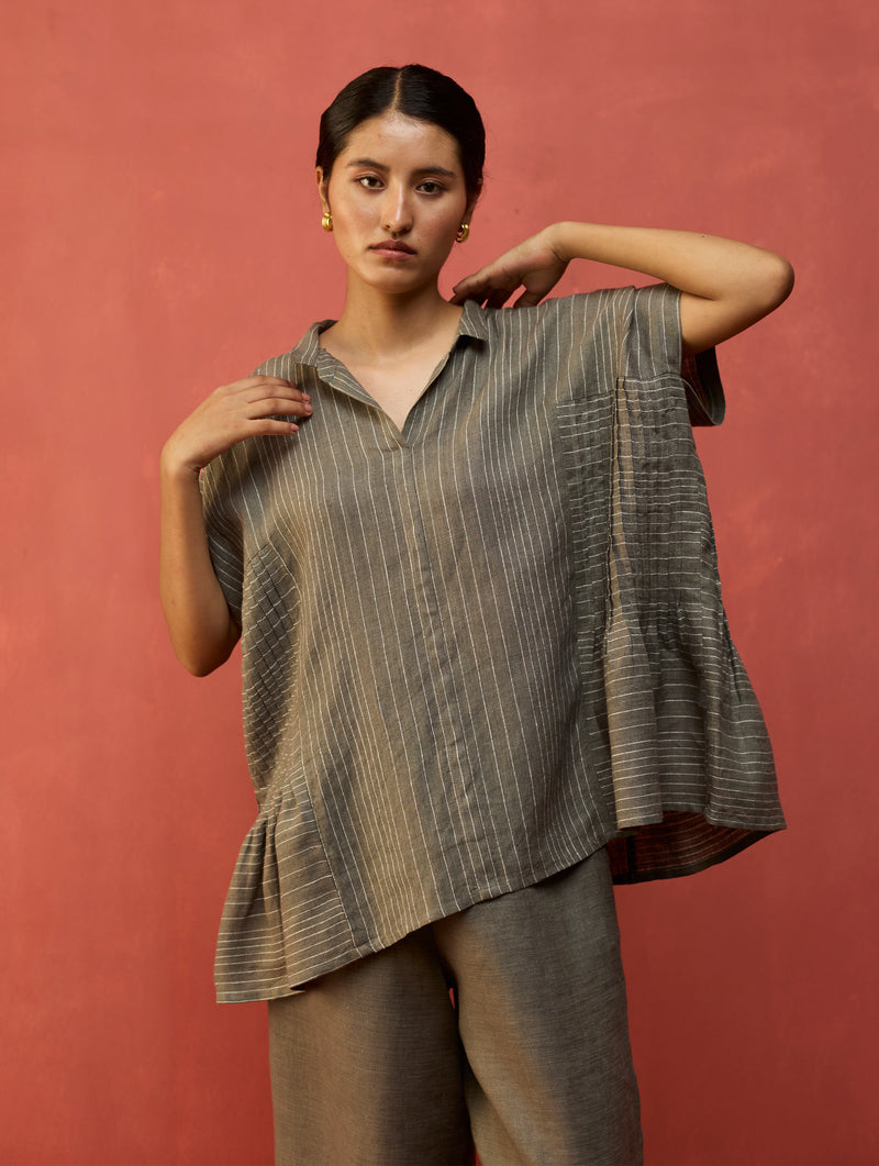 Bonnie Pleated Stripe Linen Top - Grey