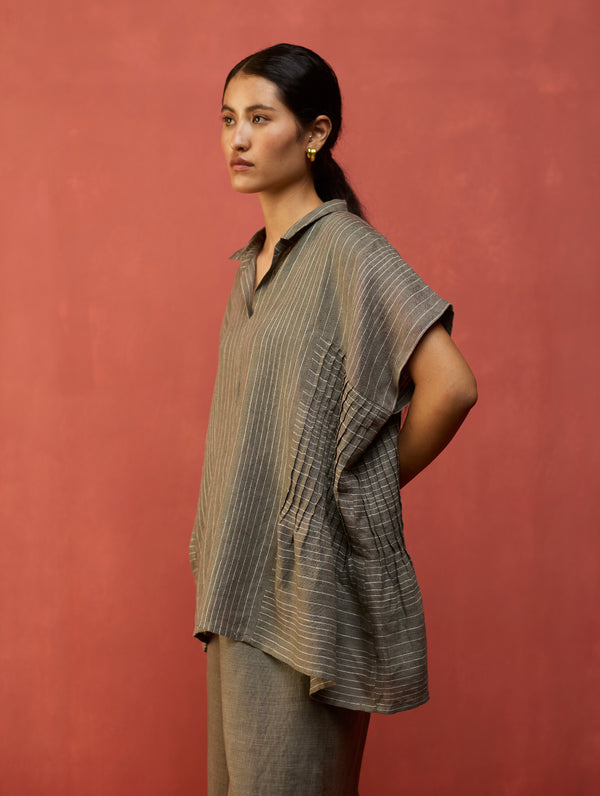 Bonnie Pleated Stripe Linen Top - Grey
