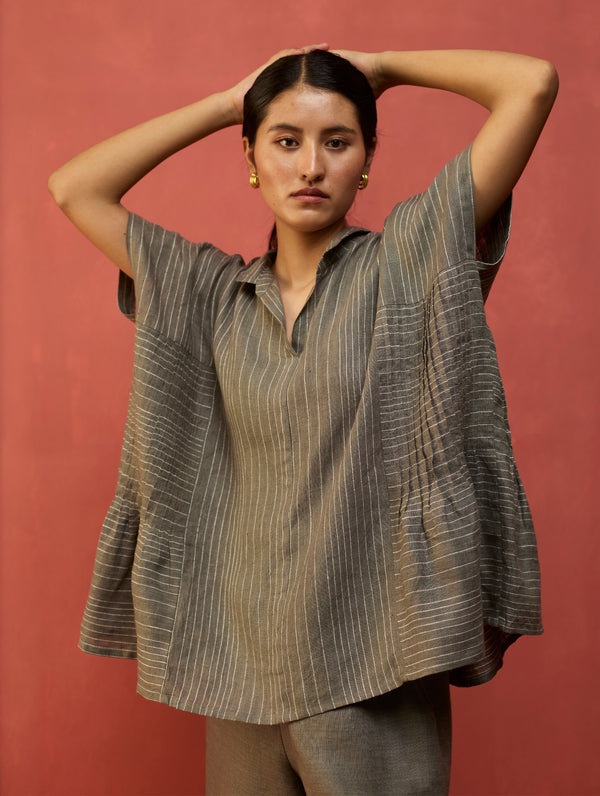 Bonnie Pleated Stripe Linen Top - Grey