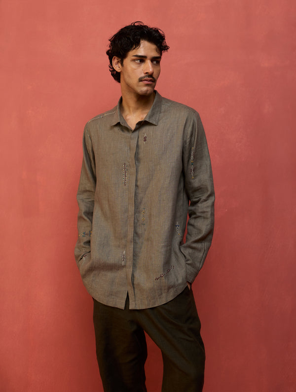Zuma Hand-Embroidered Linen Shirt - Grey