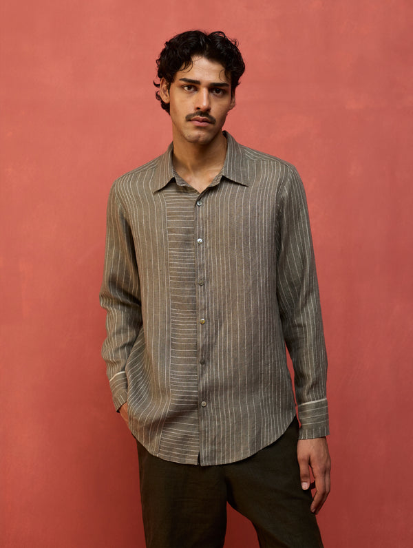Taka Panelled Stripe Linen Shirt - Grey