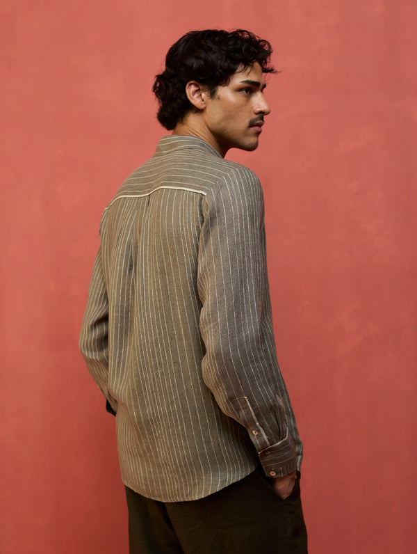Taka Panelled Stripe Linen Shirt - Grey