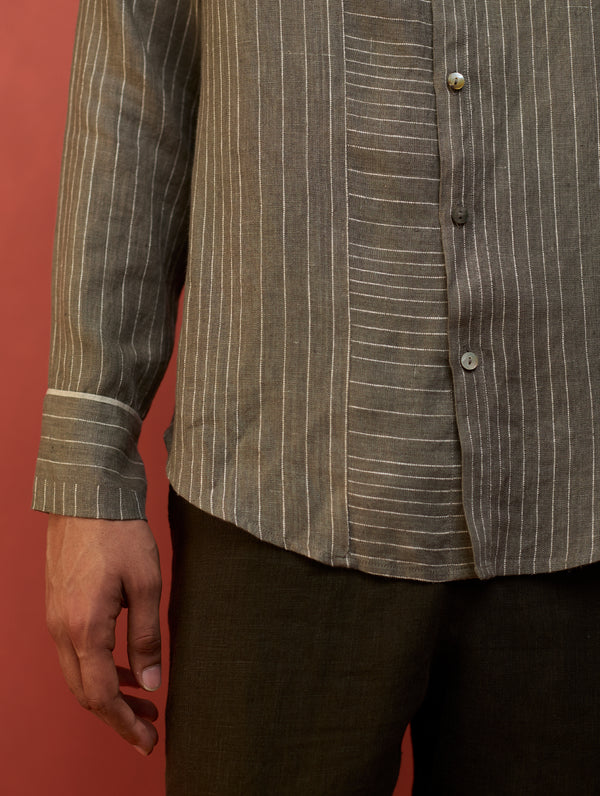 Taka Panelled Stripe Linen Shirt - Grey