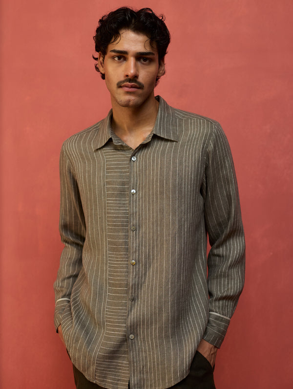 Taka Panelled Stripe Linen Shirt - Grey