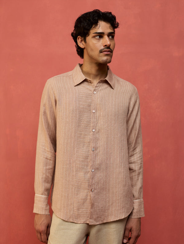 Taka Panelled Stripe Linen Shirt - Dusty Rose