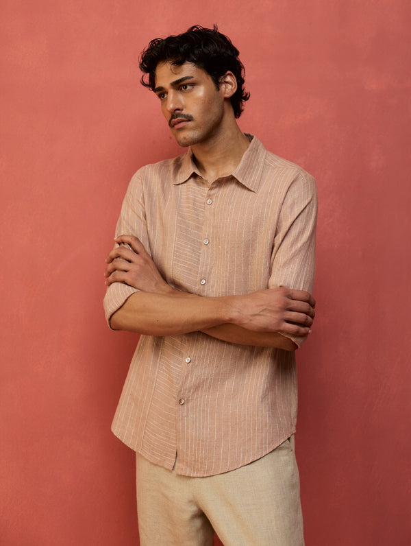 Taka Panelled Stripe Linen Shirt - Dusty Rose
