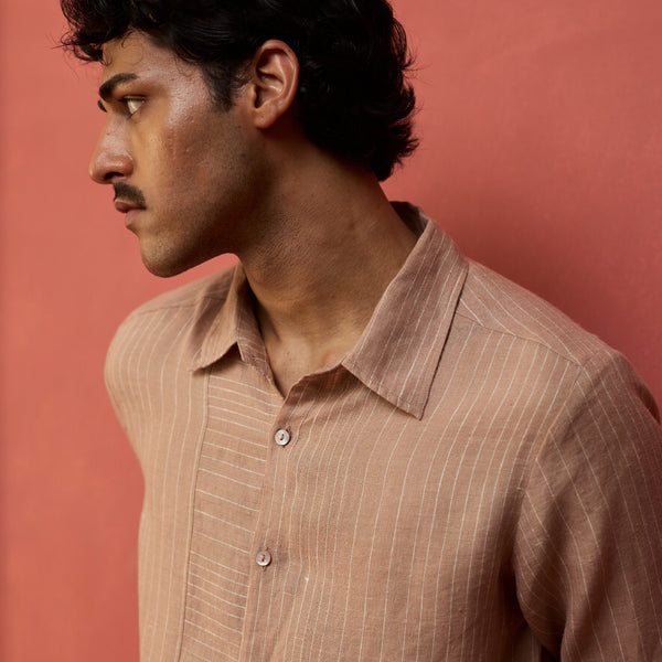 Taka Panelled Stripe Linen Shirt - Dusty Rose – Manan