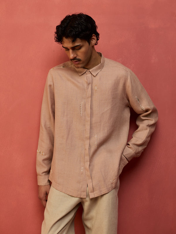Zuma Hand-Embroidered Linen Shirt - Dusty Rose