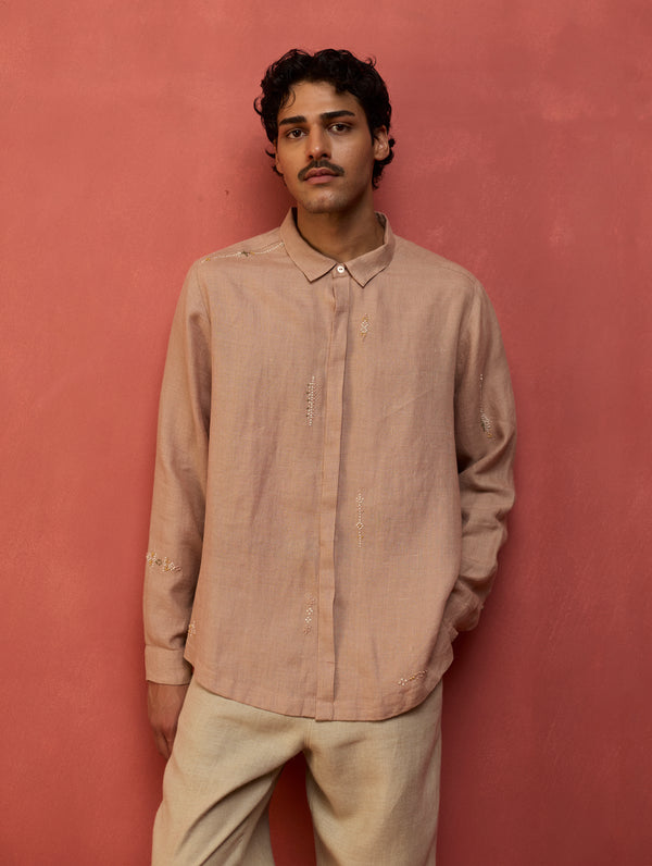 Zuma Hand-Embroidered Linen Shirt - Dusty Rose