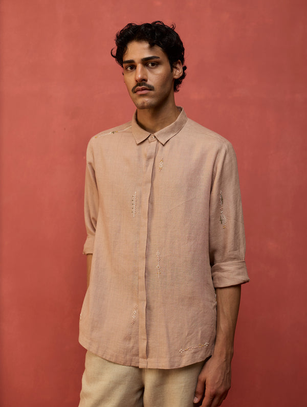 Zuma Hand-Embroidered Linen Shirt - Dusty Rose