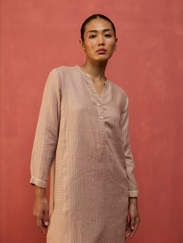 Bunka Stripe Linen Kurta - Dusty Rose