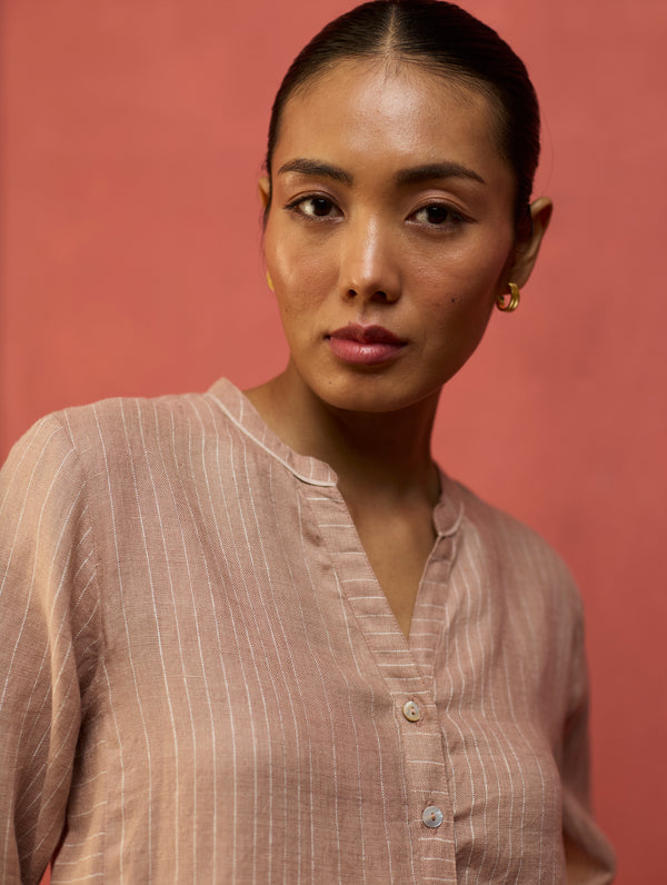 Bunka Stripe Linen Kurta - Dusty Rose