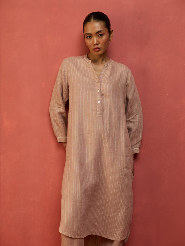 Bunka Stripe Linen Kurta - Dusty Rose