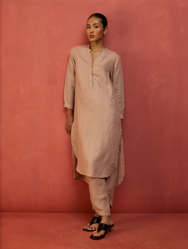 Bunka Stripe Linen Kurta Set - Dusty Rose
