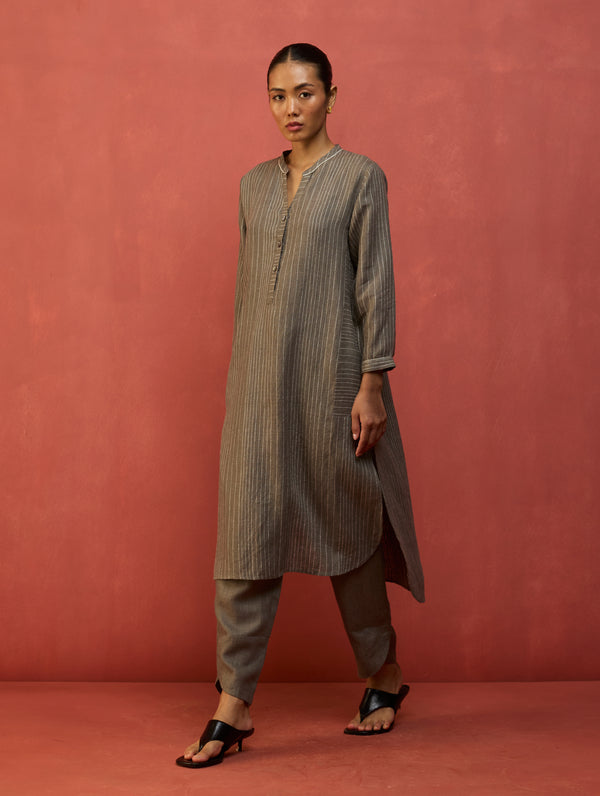 Bunka Stripe Linen Kurta Set - Grey