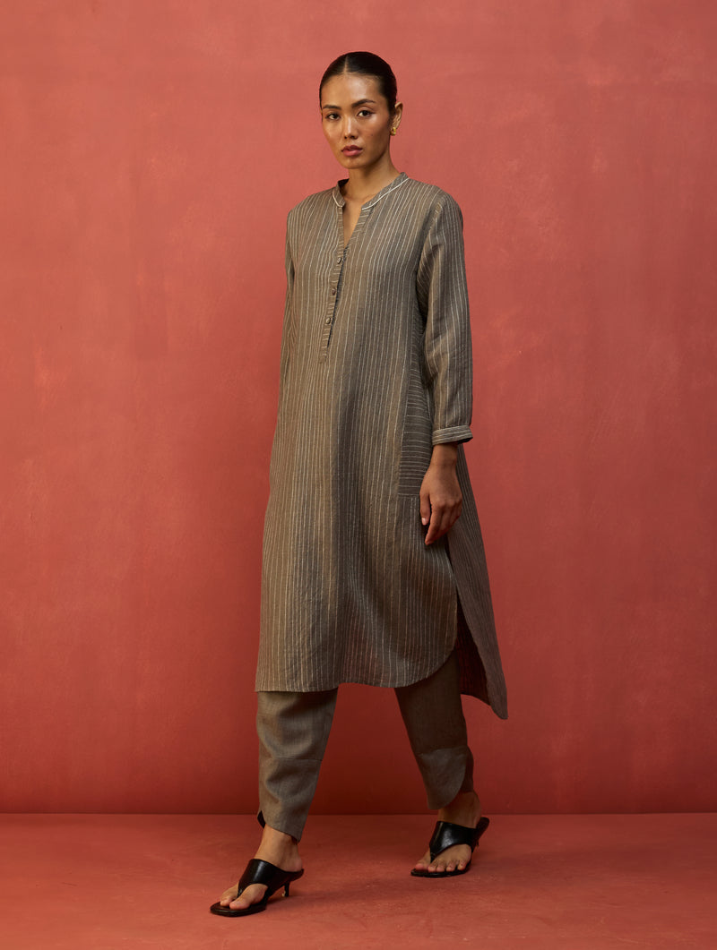 Bunka Stripe Linen Kurta Set - Grey