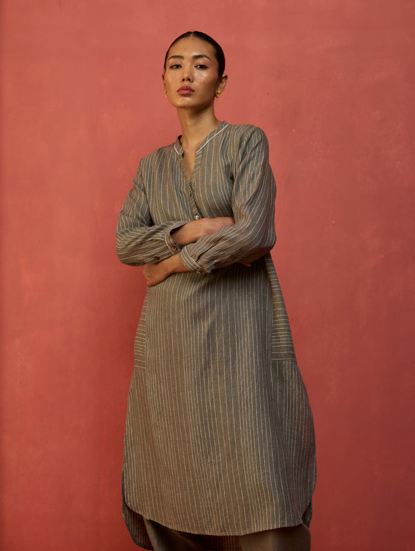 Bunka Stripe Linen Kurta Set - Grey