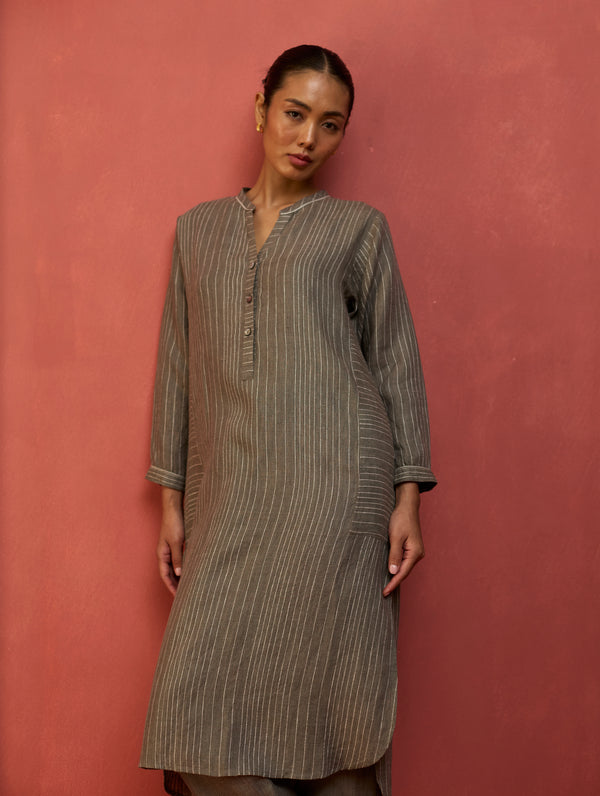 Bunka Stripe Linen Kurta - Grey