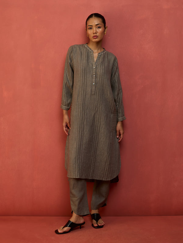 Bunka Stripe Linen Kurta Set - Grey