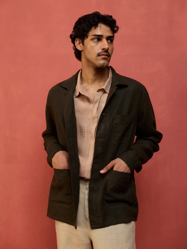 Hoki Forever Linen Shacket - Olive Charcoal