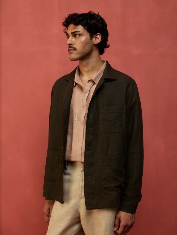 Hoki Forever Linen Shacket - Olive Charcoal