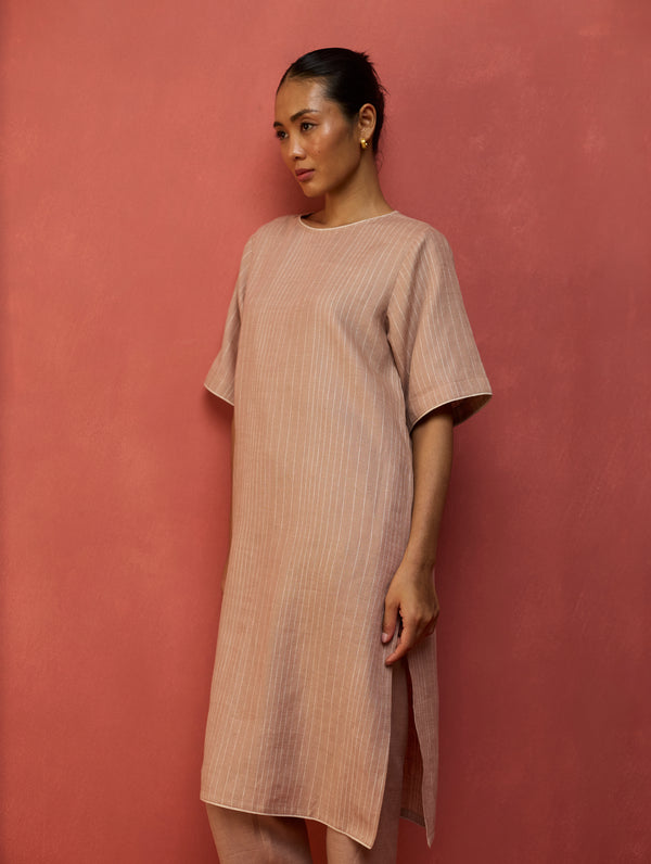 Semma Stripe Linen Kurta - Dusty Rose