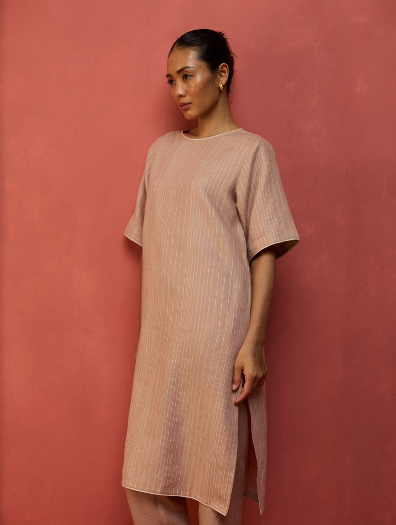 Semma Stripe Linen Kurta - Dusty Rose