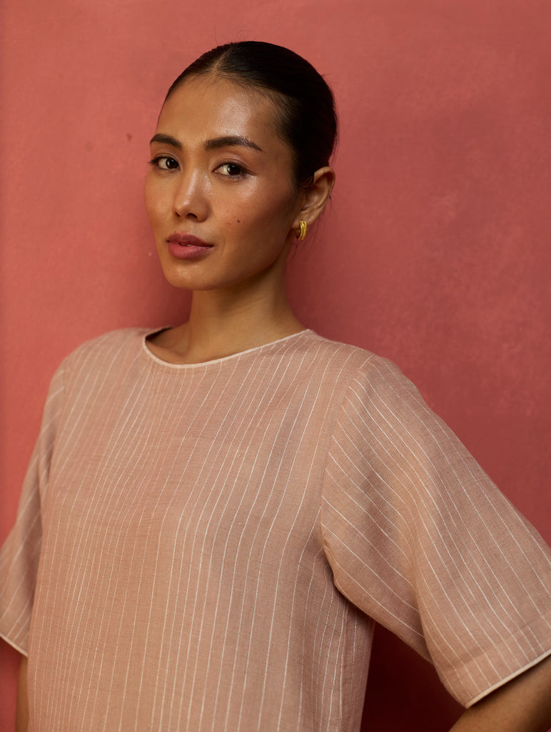 Semma Stripe Linen Kurta - Dusty Rose