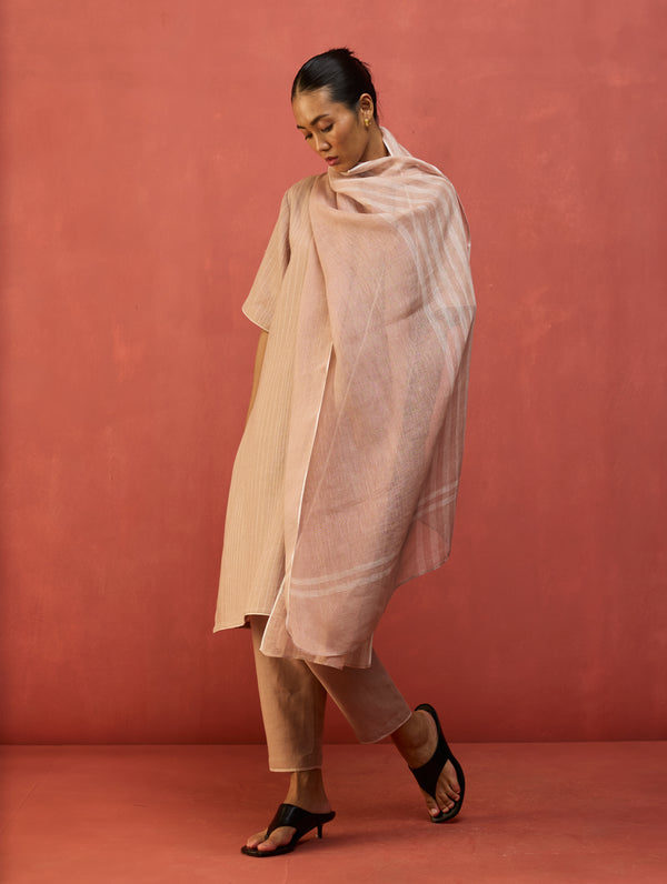 Ruka Handloom Stripe Linen Dupatta - Dusty Rose