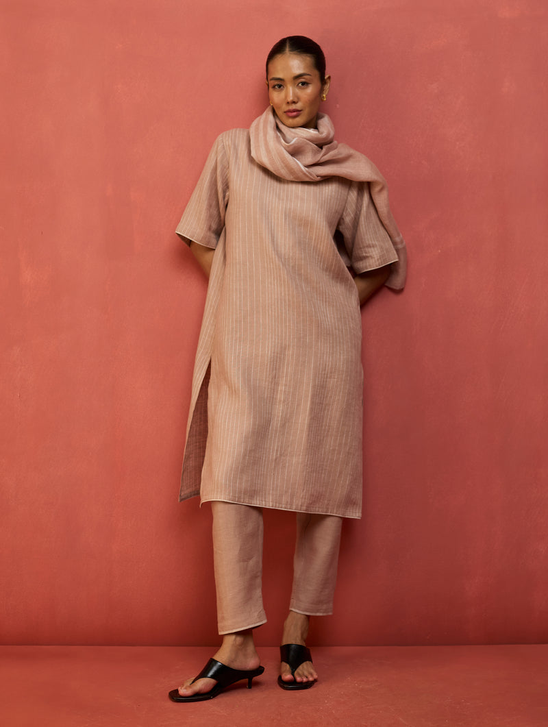 Semma Stripe Linen Kurta Set - Dusty Rose