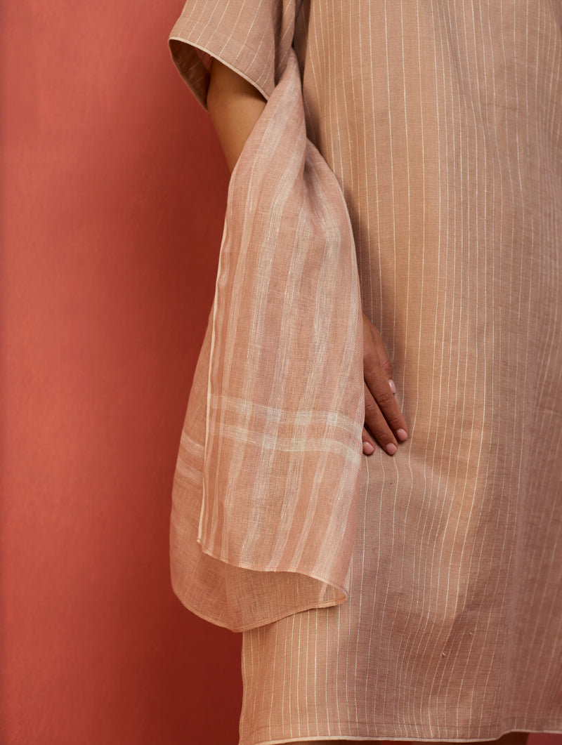 Ruka Handloom Stripe Linen Dupatta - Dusty Rose