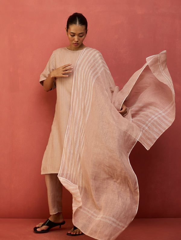 Ruka Handloom Stripe Linen Dupatta - Dusty Rose