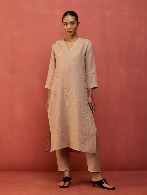 Rena Hand-Embroidered Linen Kurta Set - Dusty Rose