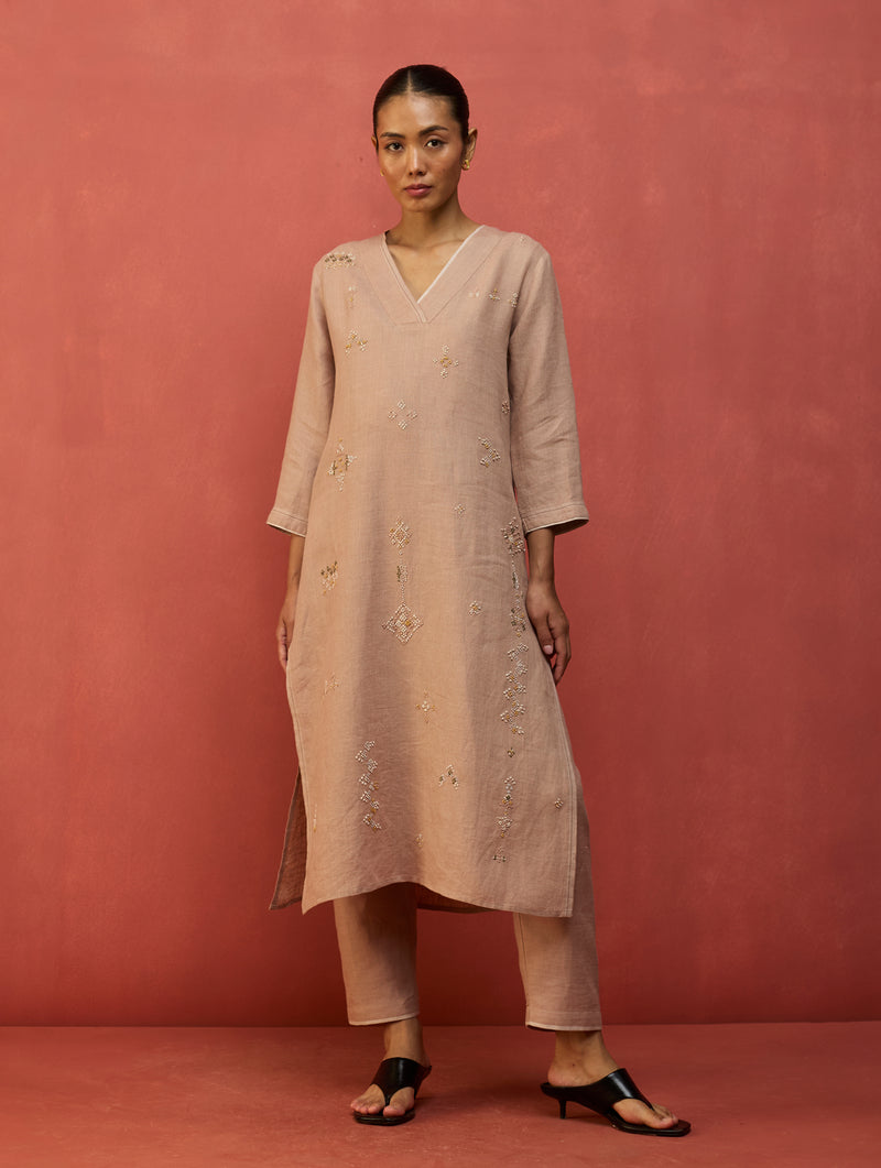 Rena Hand-Embroidered Linen Kurta - Dusty Rose