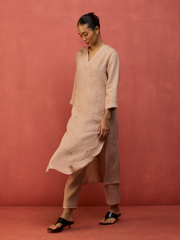 Rena Hand-Embroidered Linen Kurta Set - Dusty Rose