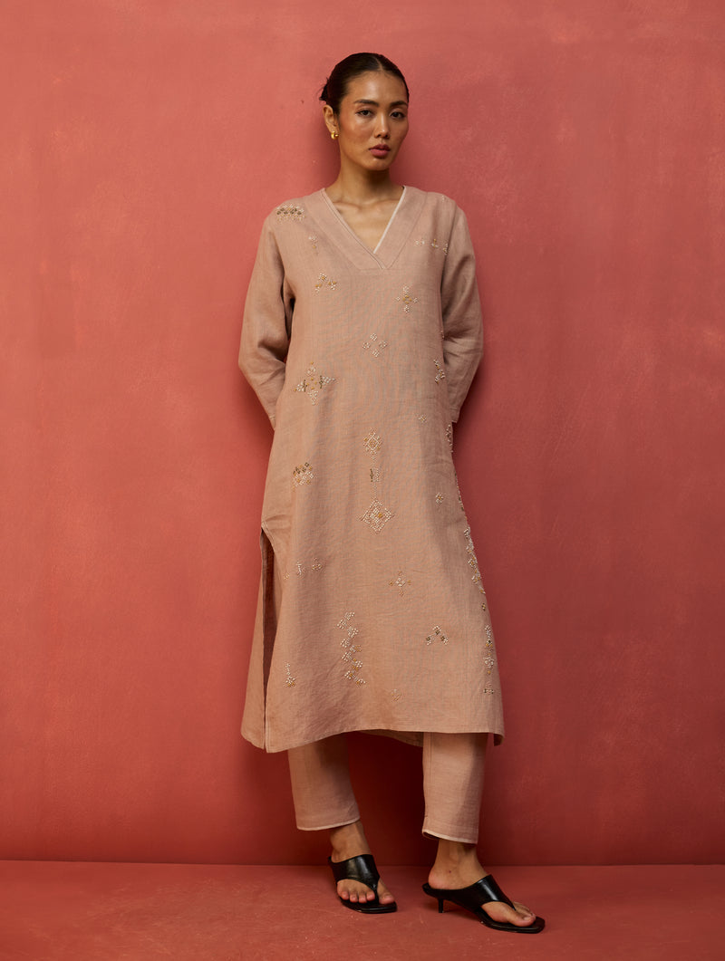 Rena Hand-Embroidered Linen Kurta - Dusty Rose