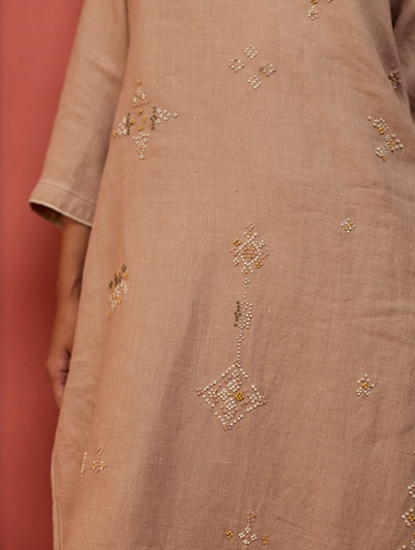 Rena Hand-Embroidered Linen Kurta - Dusty Rose