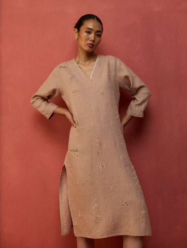 Rena Hand-Embroidered Linen Kurta Set - Dusty Rose