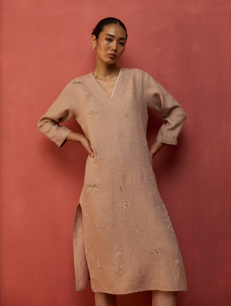 Rena Hand-Embroidered Linen Kurta Set - Dusty Rose