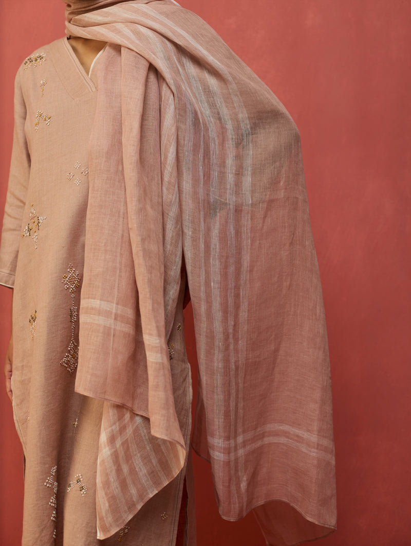 Ruka Handloom Stripe Linen Dupatta - Dusty Rose
