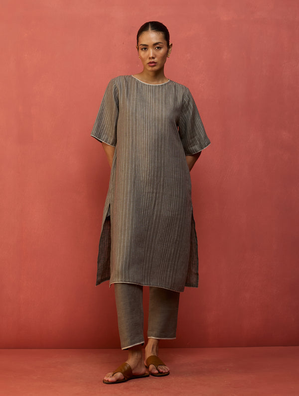 Semma Stripe Linen Kurta Set - Grey