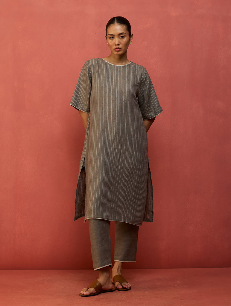 Semma Stripe Linen Kurta Set - Grey