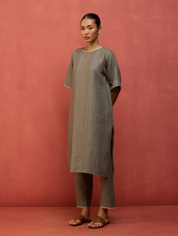 Semma Stripe Linen Kurta Set - Grey