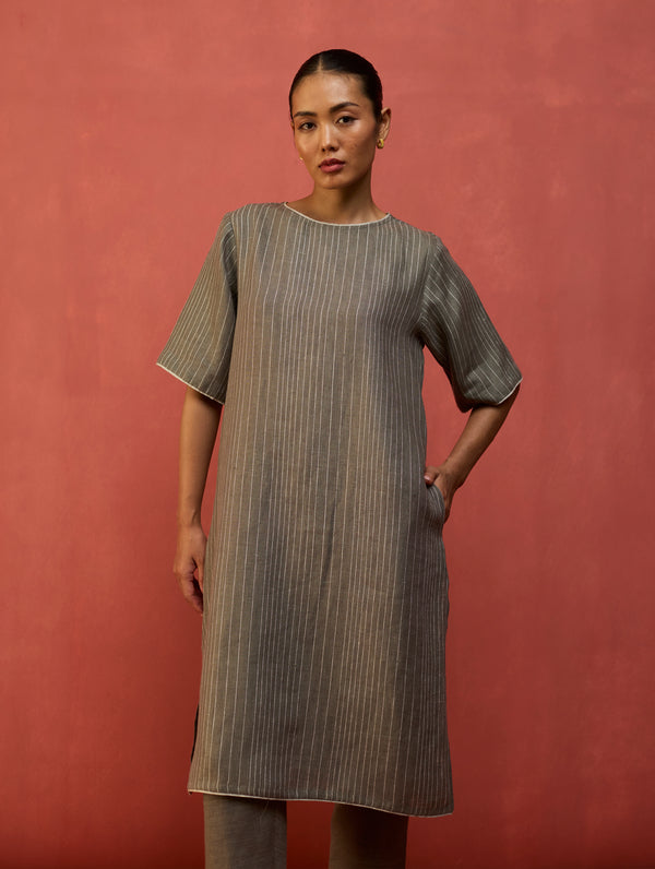 Semma Stripe Linen Kurta Set - Grey