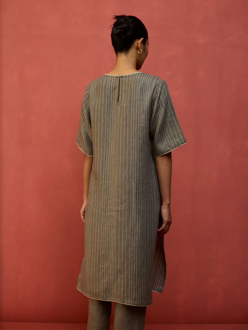 Semma Stripe Linen Kurta Set - Grey