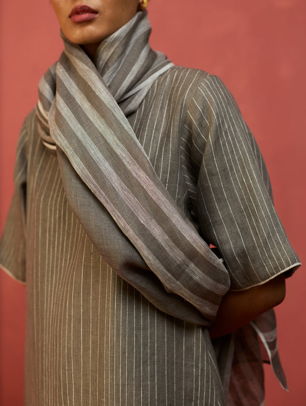 Ruka Handloom Stripe Linen Dupatta - Grey