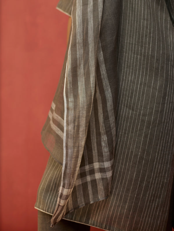 Ruka Handloom Stripe Linen Dupatta - Grey