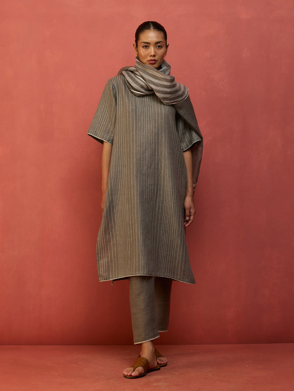 Semma Stripe Linen Kurta Set - Grey
