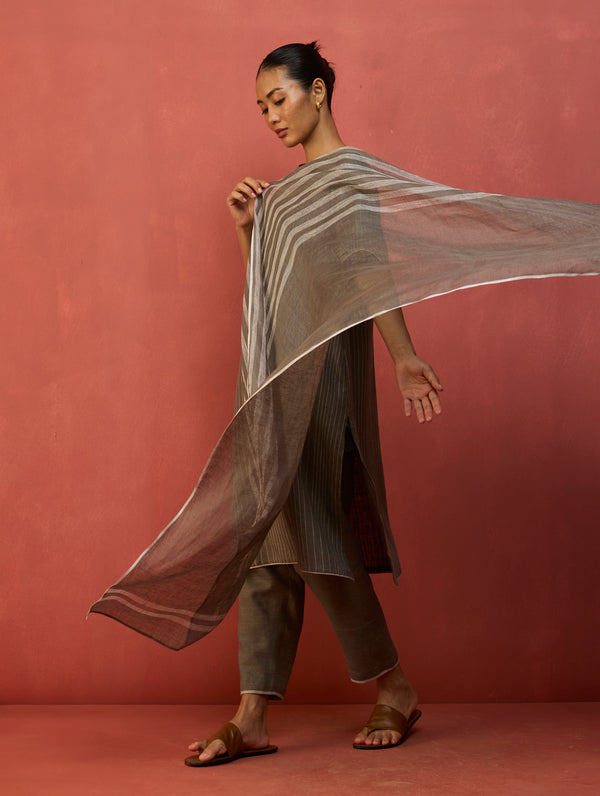 Ruka Handloom Stripe Linen Dupatta - Grey